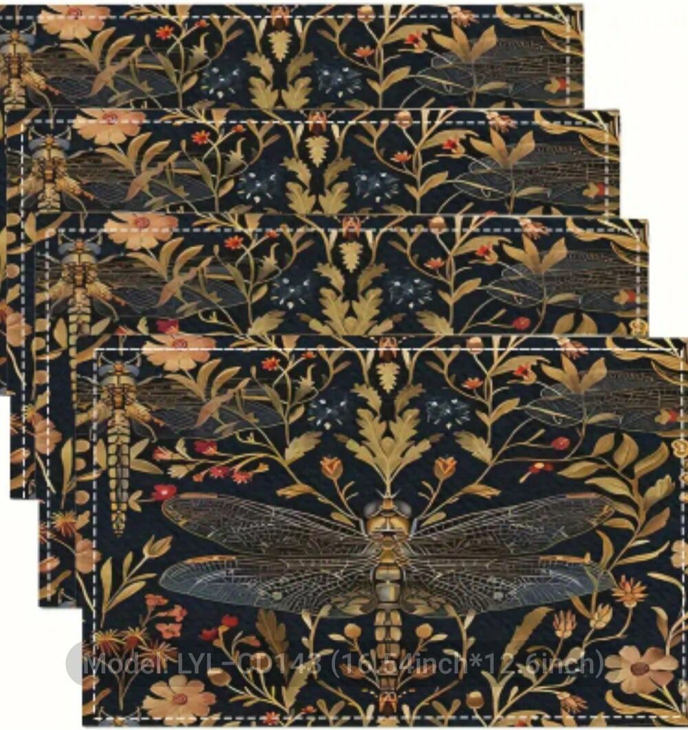 4 Morris Dragonfly Placemats 12"×16" Dark Academia Fairycore Floral Botanical
